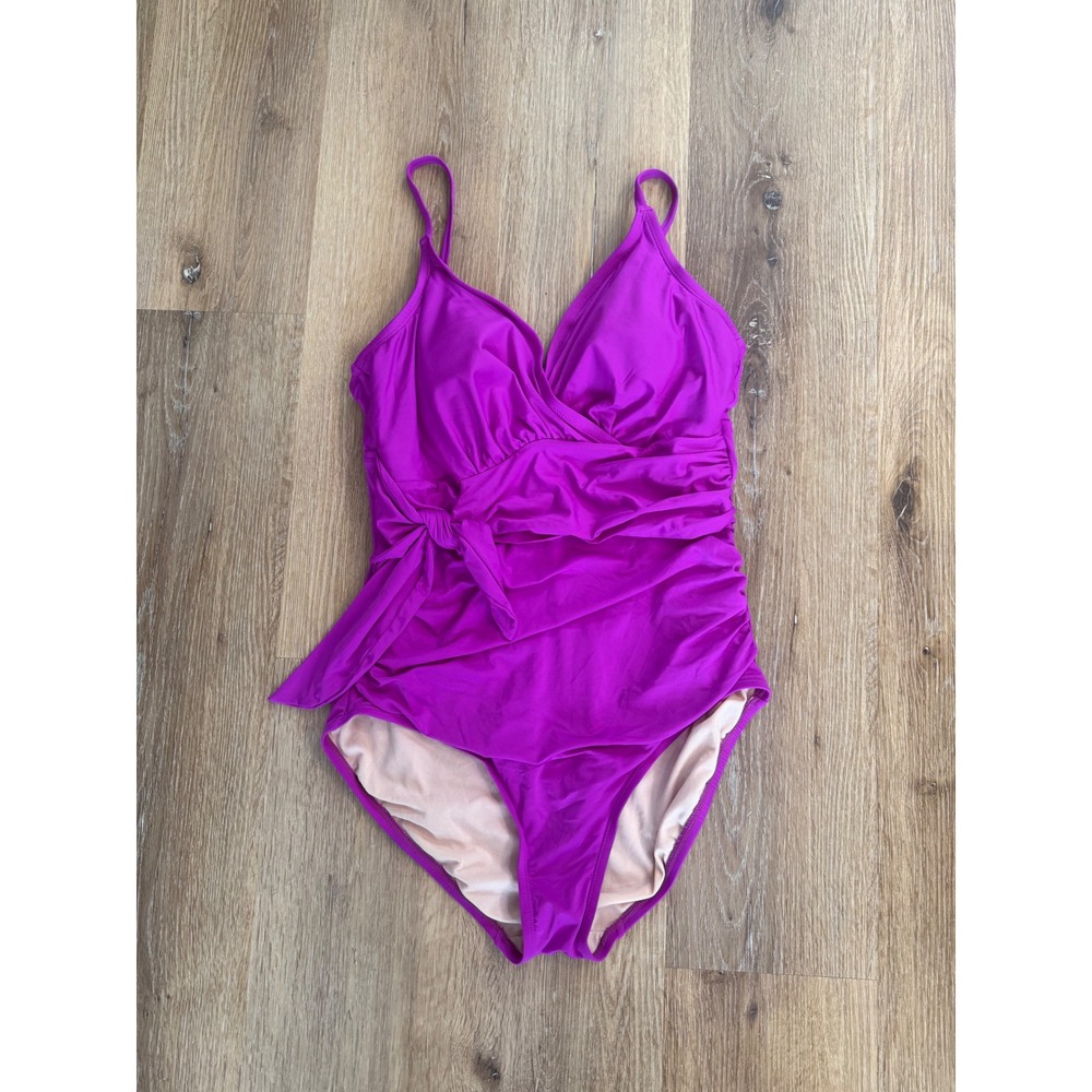 Merona Coastal One Piece Swimsuit Women Large Purple Ruched Side Tie Surplice